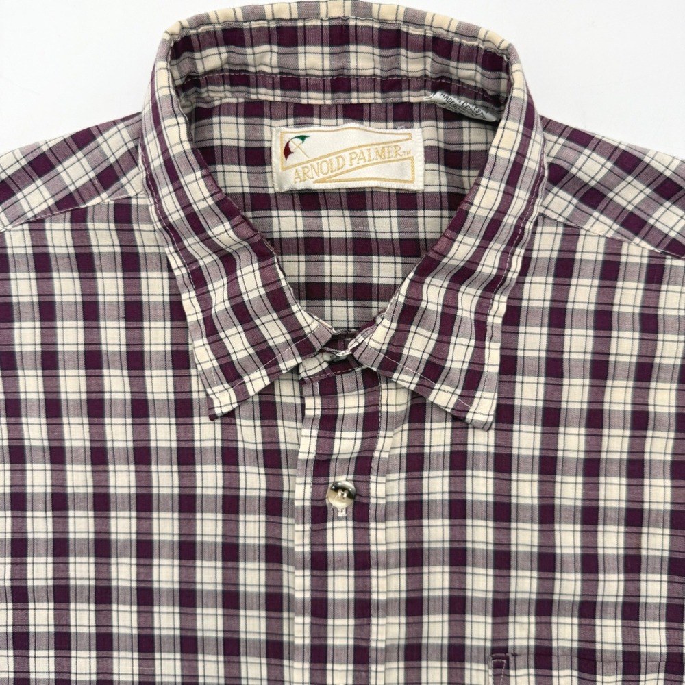 Arnold Palmer Button Down Men Medium Burgundy Plaid Short Sleeve Vintage Classic